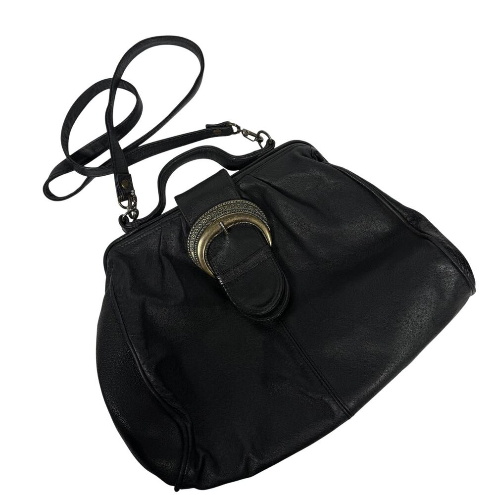 Robinsons Satchel Top Handle Bag Womens Medium Black Leather Buckle Crossbody